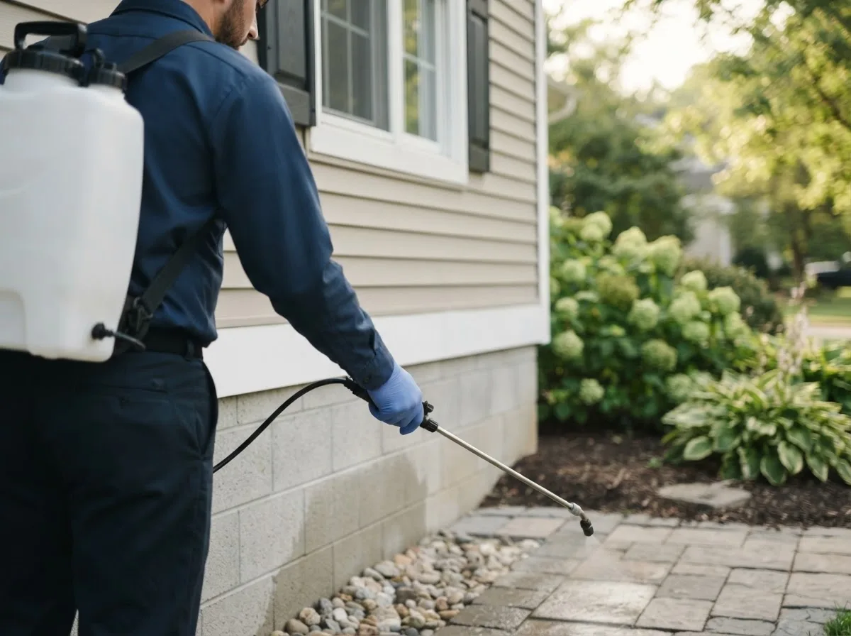 Pest control technician inspecting a home in Sage, AR